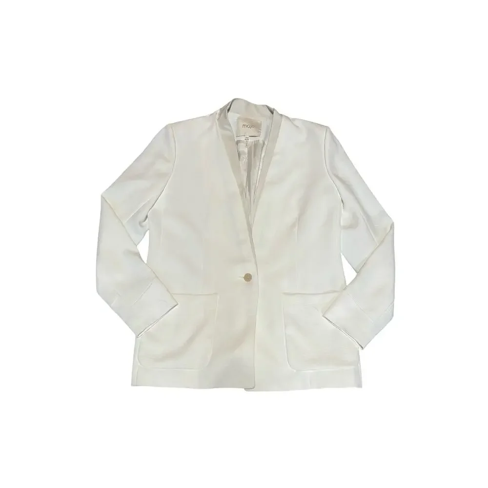 Maje Ivory Crepe Blazer Leather Trim Tailored Career Jacket US 8